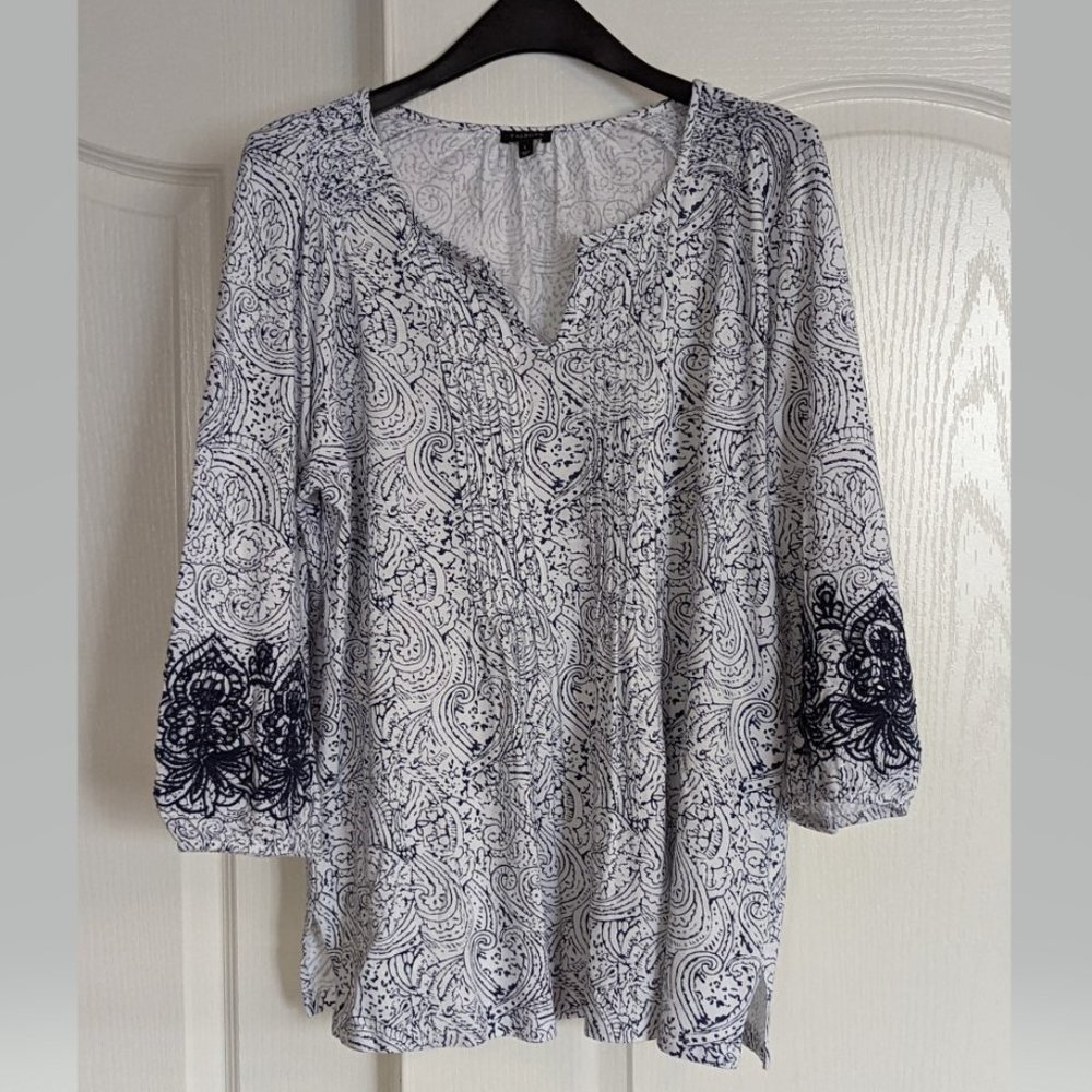 Talbots blue and white patterned blouse